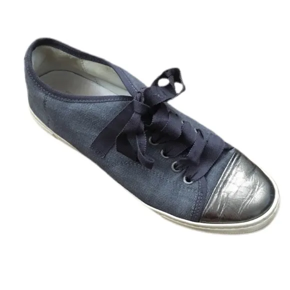 Lanvin Paris Sneakers Denim Blue Metallic Womens 7.5 Pewter Toe Cap Ribbon $595