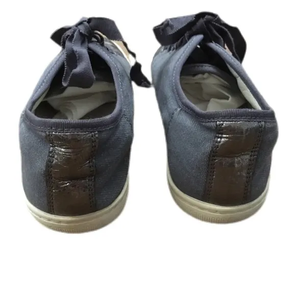 Lanvin Paris Sneakers Denim Blue Metallic Womens 7.5 Pewter Toe Cap Ribbon $595
