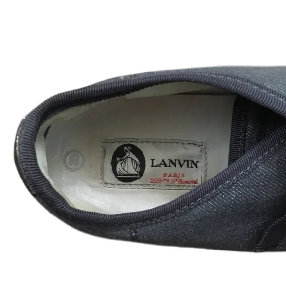 Lanvin Paris Sneakers Denim Blue Metallic Womens 7.5 Pewter Toe Cap Ribbon $595
