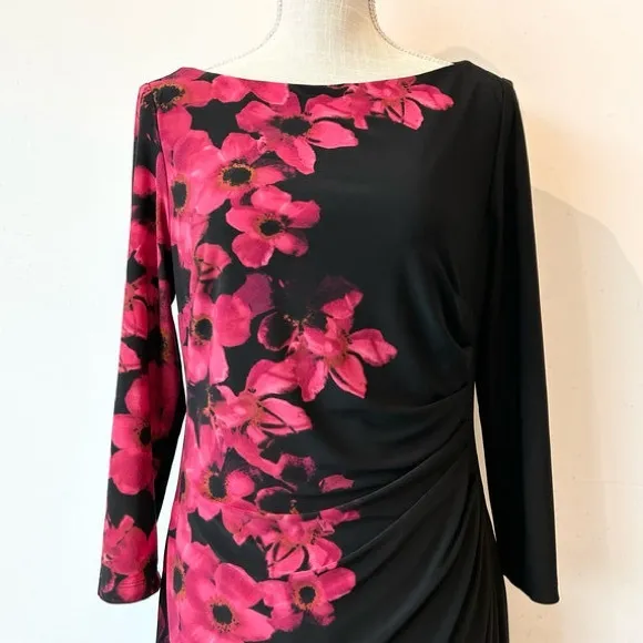 Lauren Ralph Lauren Floral Dress Ruched Stretch Wrap Black Pink Flowers Size 16
