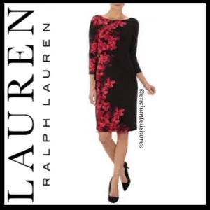 Lauren Ralph Lauren Floral Dress Ruched Stretch Wrap Black Pink Flowers Size 16