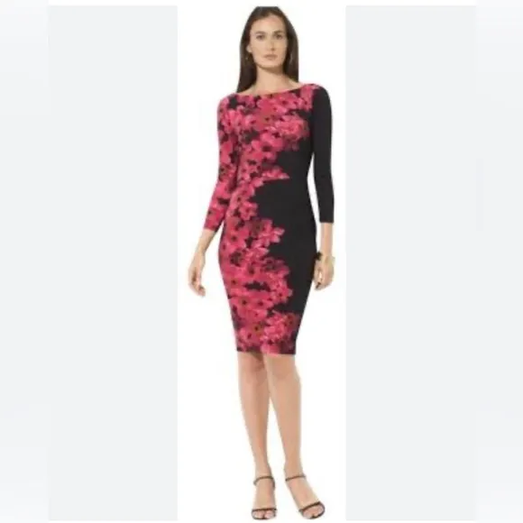 Lauren Ralph Lauren Floral Dress Ruched Stretch Wrap Black Pink Flowers Size 16