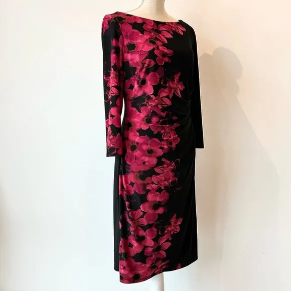 Lauren Ralph Lauren Floral Dress Ruched Stretch Wrap Black Pink Flowers Size 16