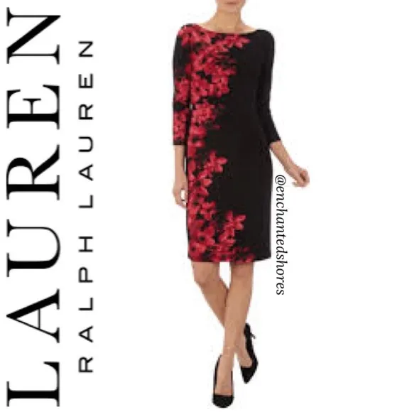 Lauren Ralph Lauren Floral Dress Ruched Stretch Wrap Black Pink Flowers Size 16