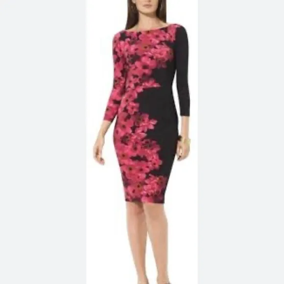 Lauren Ralph Lauren Floral Dress Ruched Stretch Wrap Black Pink Flowers Size 16