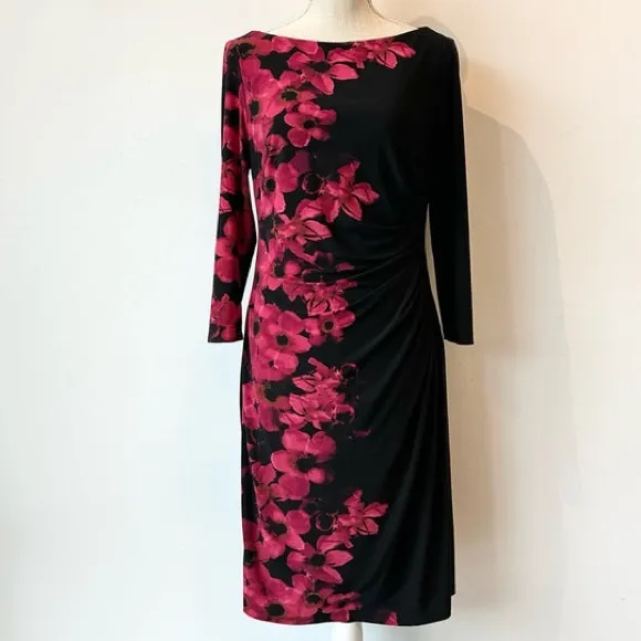 Lauren Ralph Lauren Floral Dress Ruched Stretch Wrap Black Pink Flowers Size 16
