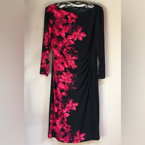 Lauren Ralph Lauren Floral Dress Ruched Stretch Wrap Black Pink Flowers Size 16