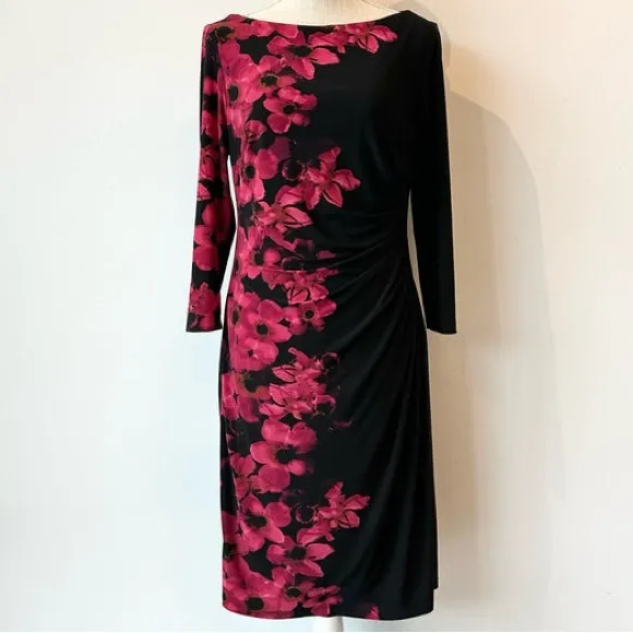 Lauren Ralph Lauren Floral Dress Ruched Stretch Wrap Black Pink Flowers Size 16