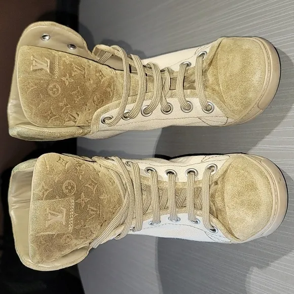 Louis Vuitton Wedge Boot Sneakers Cream/Brown‎ Canvas/Leather Women's 36 (5.5)