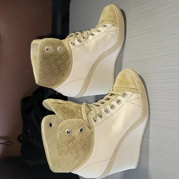 Louis Vuitton Wedge Boot Sneakers Cream/Brown‎ Canvas/Leather Women's 36 (5.5)