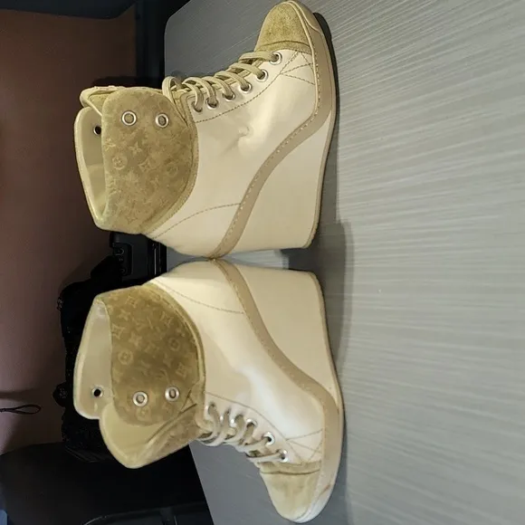 Louis Vuitton Wedge Boot Sneakers Cream/Brown‎ Canvas/Leather Women's 36 (5.5)