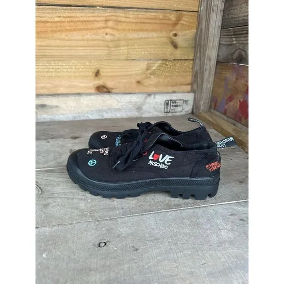 Love‎ Moschino Black Lug Sole Embroidered Sneakers Size 37 6.5 US