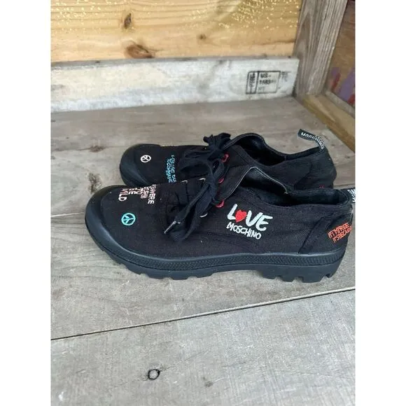 Love‎ Moschino Black Lug Sole Embroidered Sneakers Size 37 6.5 US