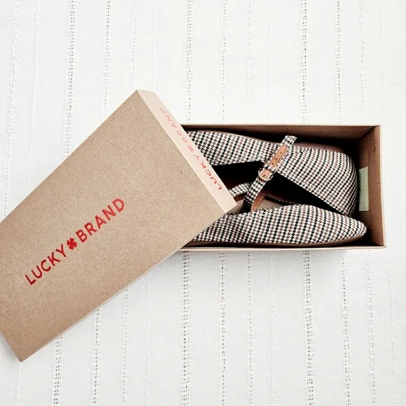 Lucky Brand Pointed Toe Mary Jane Flats Shoes Brown Black Houndstooth NIB 10