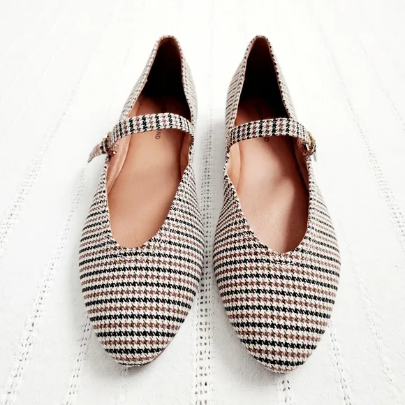 Lucky Brand Pointed Toe Mary Jane Flats Shoes Brown Black Houndstooth NIB 10