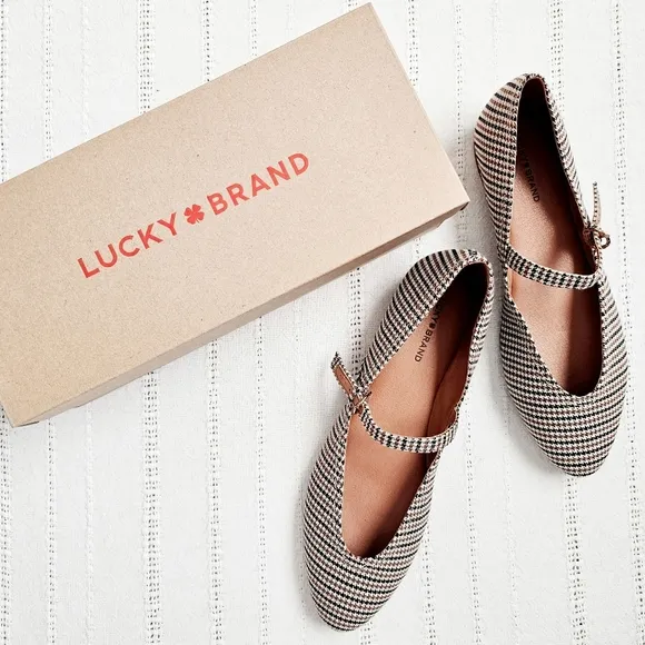 Lucky Brand Pointed Toe Mary Jane Flats Shoes Brown Black Houndstooth NIB 10