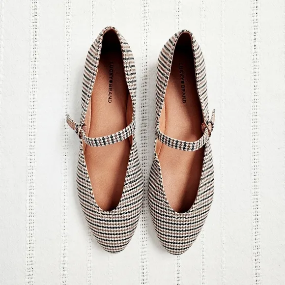 Lucky Brand Pointed Toe Mary Jane Flats Shoes Brown Black Houndstooth NIB 10