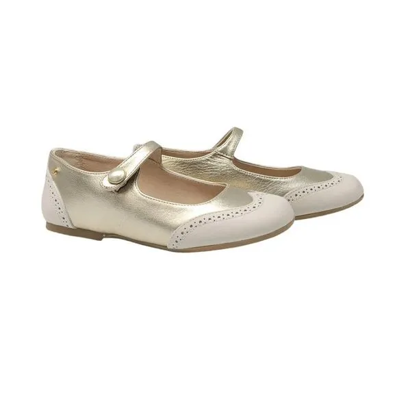 Manuela De Juan Platinum Cream Wingtip Mary Jane Flats Shoes S3120 Women's SZ 10