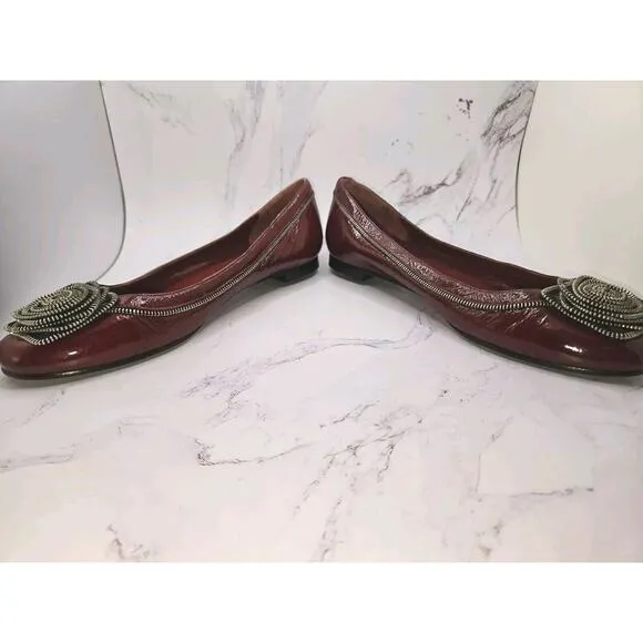 Marc by Marc Jacobs Patent Leather Flats Maroon Zipper Rosettes Moto Shoes 37 7
