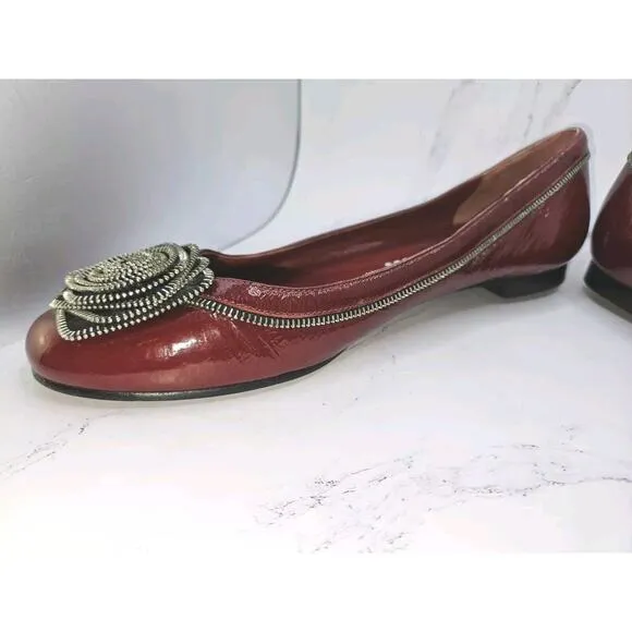 Marc by Marc Jacobs Patent Leather Flats Maroon Zipper Rosettes Moto Shoes 37 7