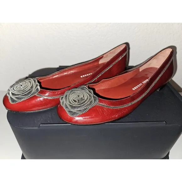 Marc by Marc Jacobs Patent Leather Flats Maroon Zipper Rosettes Moto Shoes 37 7