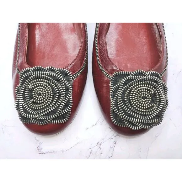 Marc by Marc Jacobs Patent Leather Flats Maroon Zipper Rosettes Moto Shoes 37 7