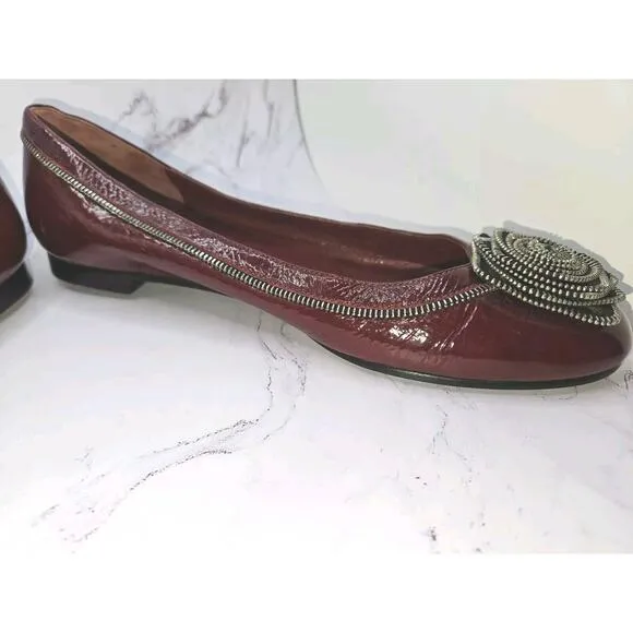 Marc by Marc Jacobs Patent Leather Flats Maroon Zipper Rosettes Moto Shoes 37 7