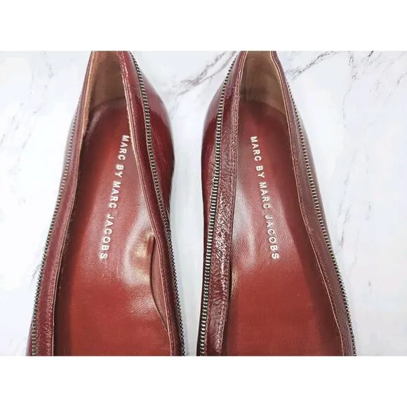 Marc by Marc Jacobs Patent Leather Flats Maroon Zipper Rosettes Moto Shoes 37 7