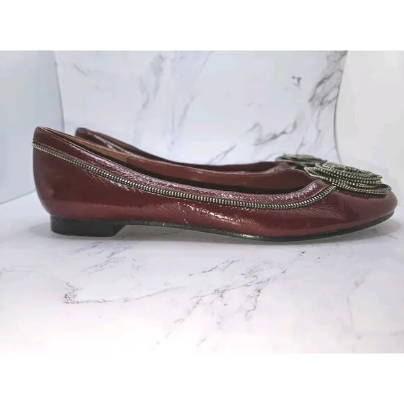 Marc by Marc Jacobs Patent Leather Flats Maroon Zipper Rosettes Moto Shoes 37 7