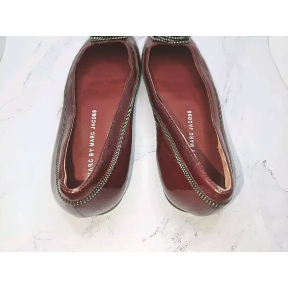 Marc by Marc Jacobs Patent Leather Flats Maroon Zipper Rosettes Moto Shoes 37 7