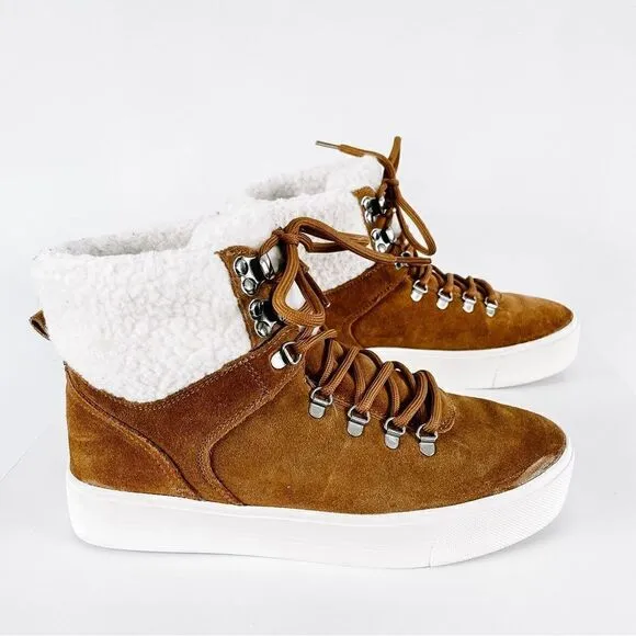 Marc Fisher Darlen Brown Tan Leather Sherpa Casual Winter Lace Ankle Boots Sz 7