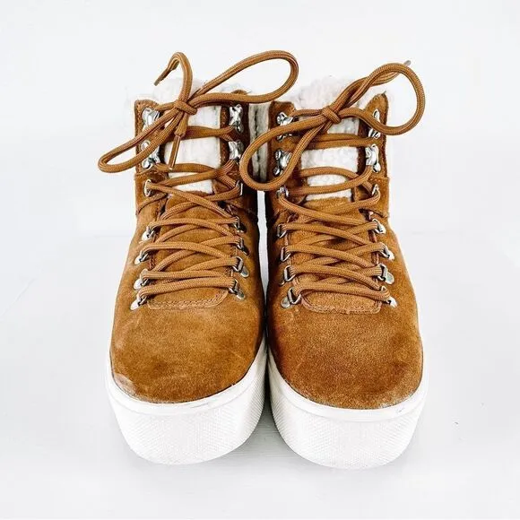 Marc Fisher Darlen Brown Tan Leather Sherpa Casual Winter Lace Ankle Boots Sz 7