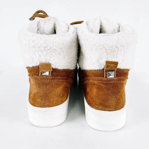 Marc Fisher Darlen Brown Tan Leather Sherpa Casual Winter Lace Ankle Boots Sz 7