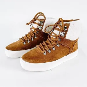 Marc Fisher Darlen Brown Tan Leather Sherpa Casual Winter Lace Ankle Boots Sz 7