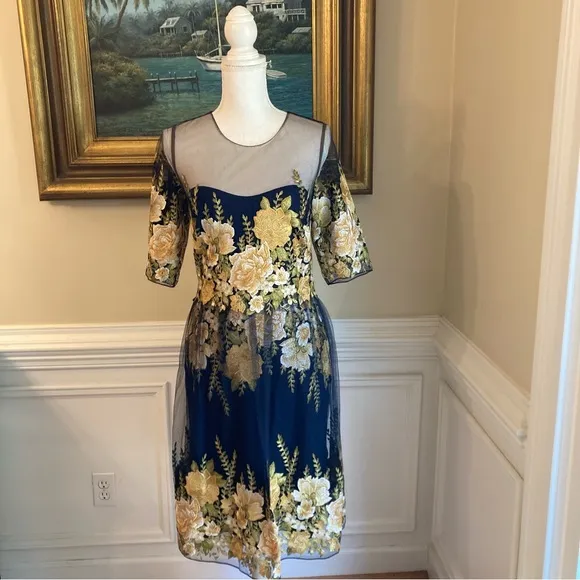 MARCHESA NOTTE Navy Blue Yellow Tulle Embroidered Floral Dress