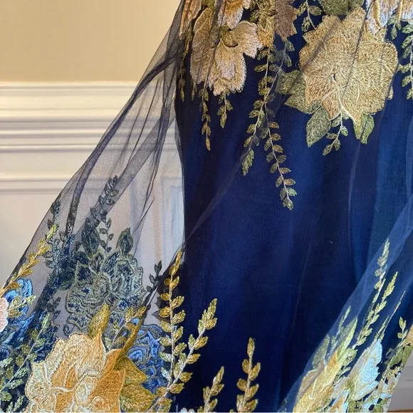 MARCHESA NOTTE Navy Blue Yellow Tulle Embroidered Floral Dress