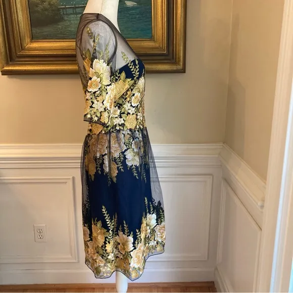 MARCHESA NOTTE Navy Blue Yellow Tulle Embroidered Floral Dress