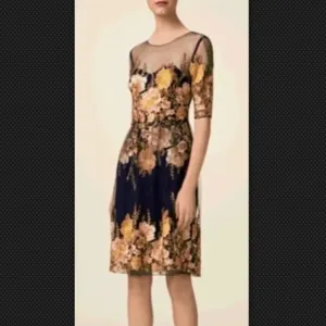 MARCHESA NOTTE Navy Blue Yellow Tulle Embroidered Floral Dress