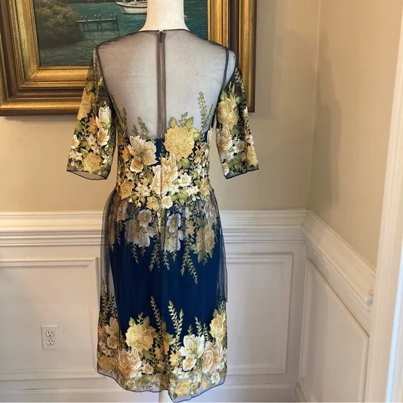 MARCHESA NOTTE Navy Blue Yellow Tulle Embroidered Floral Dress