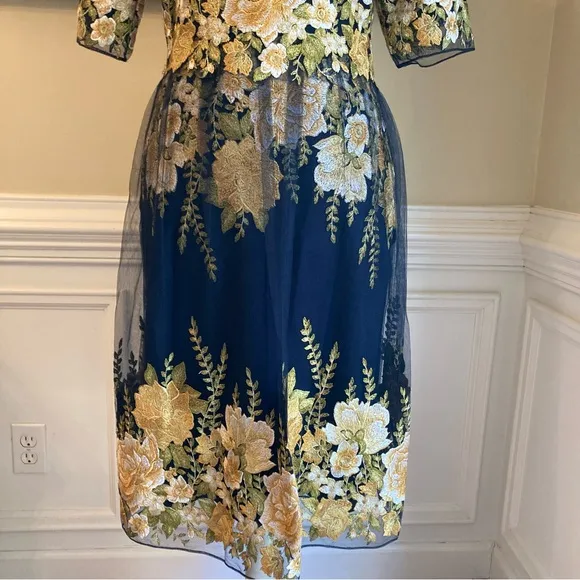MARCHESA NOTTE Navy Blue Yellow Tulle Embroidered Floral Dress