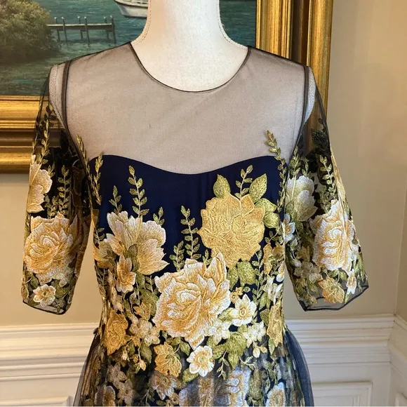 MARCHESA NOTTE Navy Blue Yellow Tulle Embroidered Floral Dress