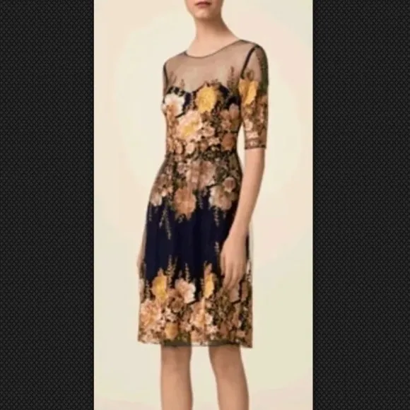 MARCHESA NOTTE Navy Blue Yellow Tulle Embroidered Floral Dress