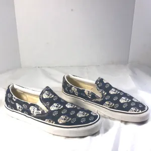 Mens Vans Classic Slip On Flash Skulls Black White &amp; Blue Flames Skateboard Shoe