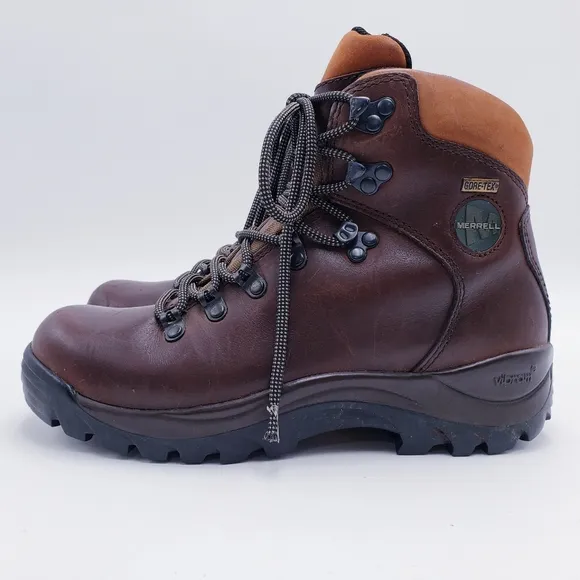 Merrell Summit Dark Brown Leather Hiking Boots Goretex Vibram Womens Size 7.5