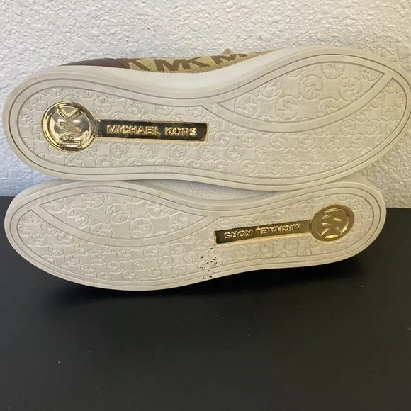 Michael Kors MK Logo City Sneakers Canvas &amp; Leather Size 9M - Beige/Brown