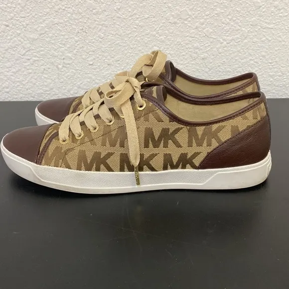 Michael Kors MK Logo City Sneakers Canvas &amp; Leather Size 9M - Beige/Brown