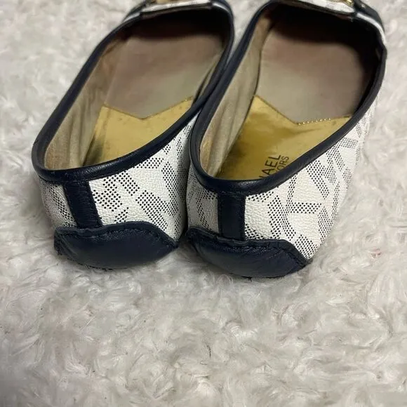 Michael Kors Women's logo White and Navy  slip on Flats  gold tone accent SZ10M
