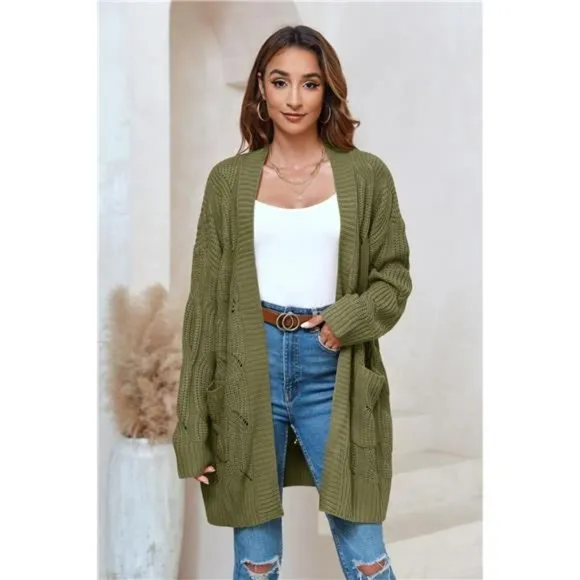 Miladusa Women's Cardigan Sweaters Long Sleeve Plus Size Solid Cable Knit Open