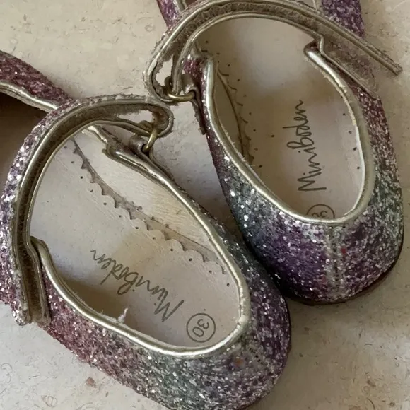 Mini Boden Girls Glittery Pink and Silver Mary Jane Flats Dress Ballet 30 UK