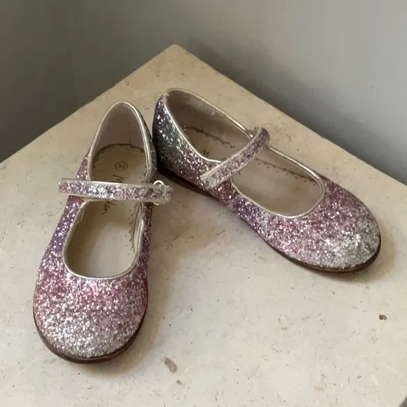 Mini Boden Girls Glittery Pink and Silver Mary Jane Flats Dress Ballet 30 UK